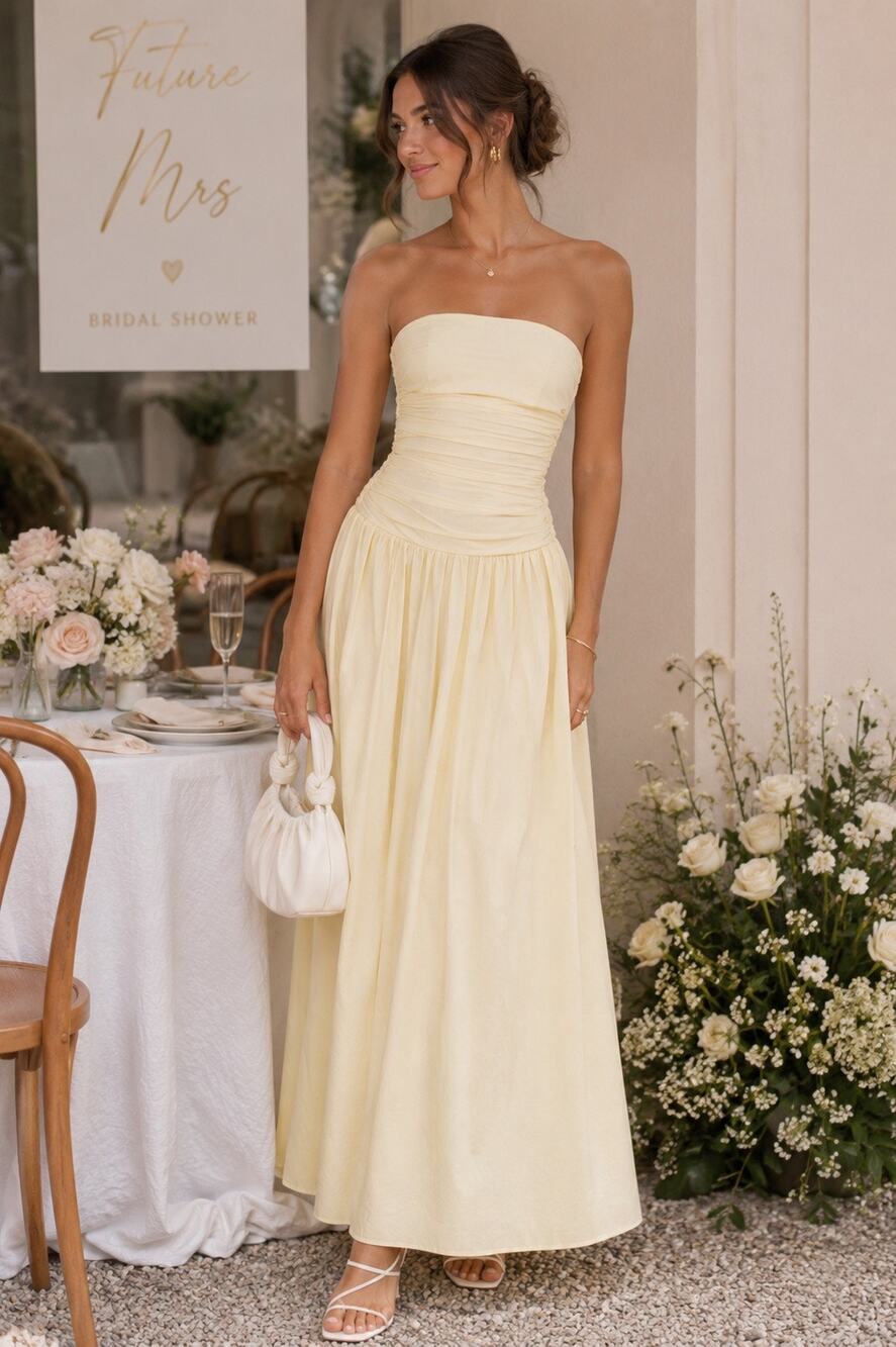 Peppermayo Butter Yellow Strapless Maxi Dress Ruched Drop Waist AU 20 US 16 XL
